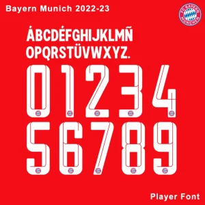 FC Bayern Munich 2022-23 Kit Font showcasing uppercase letters, numbers, and the club logo on a red background.
