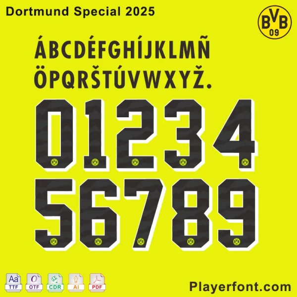 Dortmund Special 2025 font download preview, showcasing the unique typeface design.