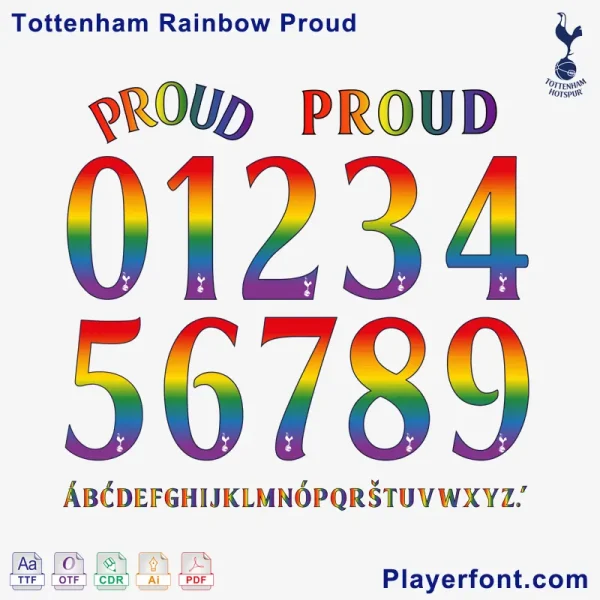 Tottenham Rainbow Proud font preview with official pride typography