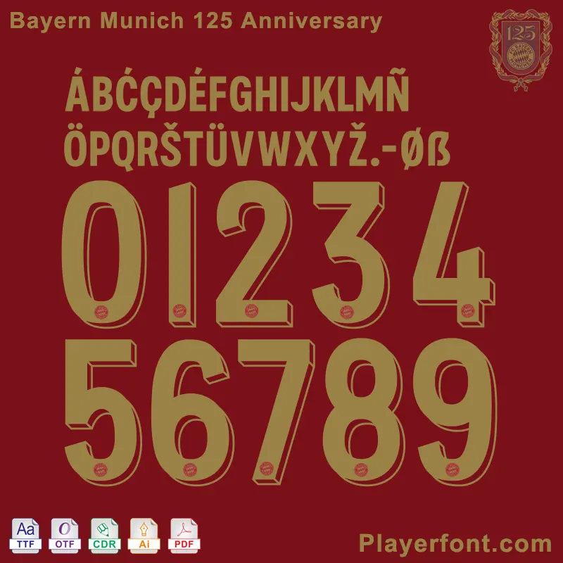 Bayern Munich 125th Anniversary Font displayed on a Dray red background
