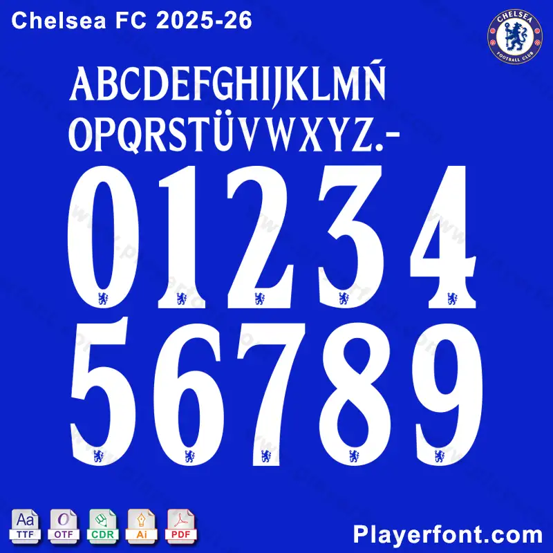 Chelsea 2025-2026 font preview with TTF, OTF, CDR, PDF formats