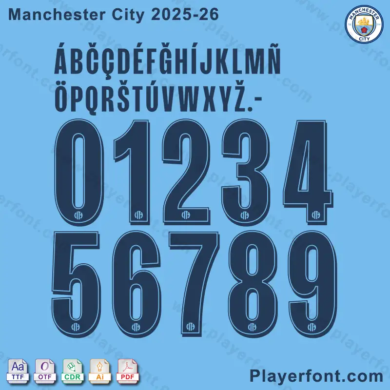 Manchester City 2025-2026 font showcased in bold blue text on a white background