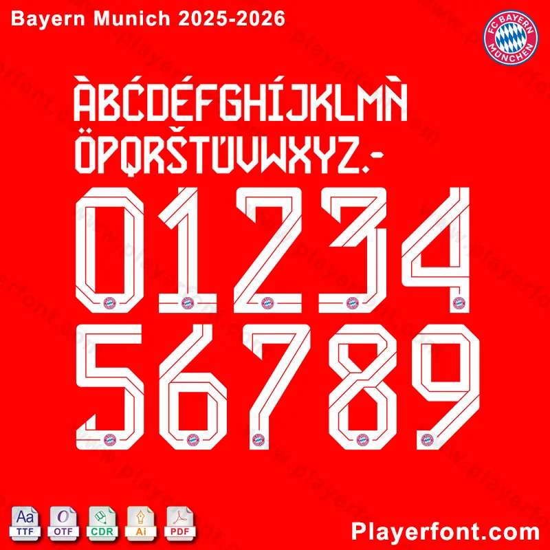 Bayern Munich 2025-2026 home kit font download, showing full alphabet and numbers for jerseys.