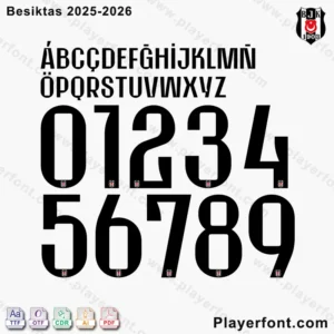 Besiktas 2025-2026 font download preview with watermarks, displaying alphabet and numbers.