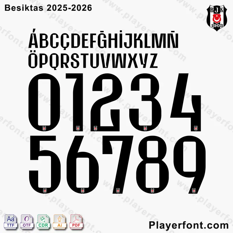 Besiktas 2025-2026 font download preview with watermarks, displaying alphabet and numbers.