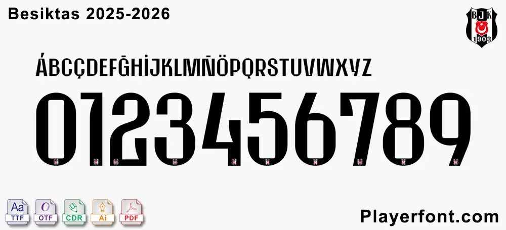 Besiktas 2025-2026 official font showing full alphabet, numbers, and the Besiktas logo.
