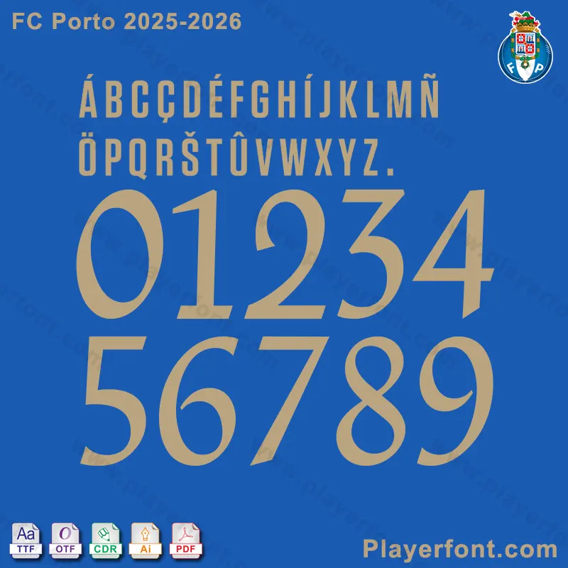 FC Porto 2025-2026 Font official typeface design preview with TTF, OTF, CDR, and PDF file format icons displayed alongside the FC Porto crest.
