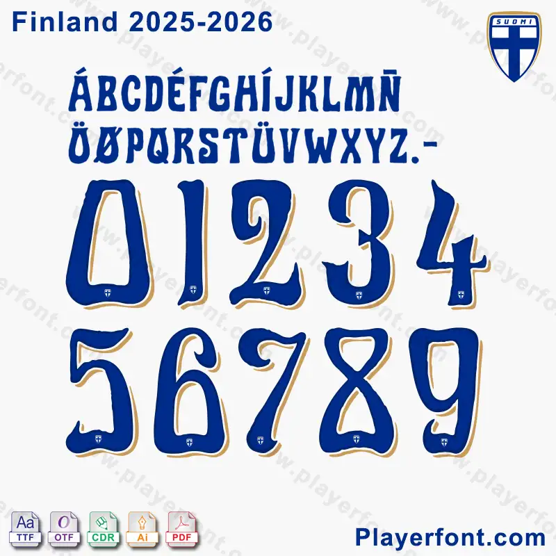 Finland 2025-2026 Font with TTF, OTF, AI, CDR, PDF vector files display.