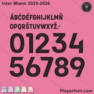Full alphabet and numbers of the official Inter Miami 2025-2026 jersey font, with a pink background.