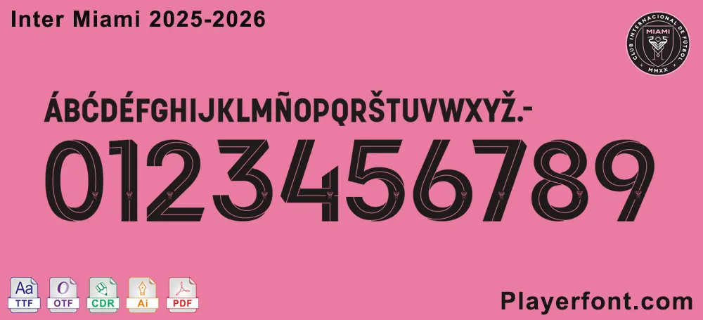 Inter Miami 2025-2026 font display with download file icons (TTF, OTF, CDR, AI, PDF) for digital kit.