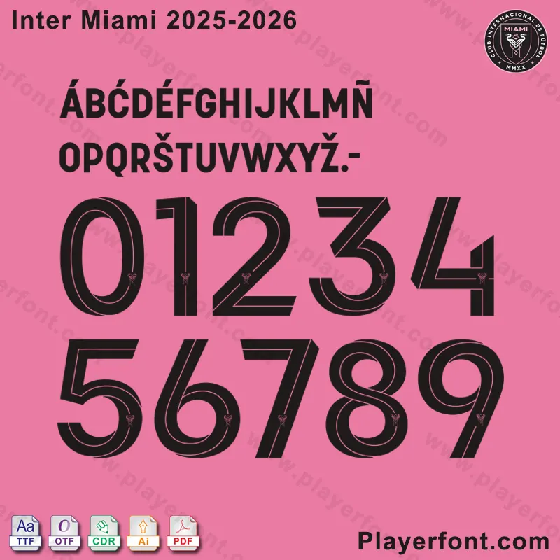 Full alphabet and numbers of the official Inter Miami 2025-2026 jersey font, with a pink background.