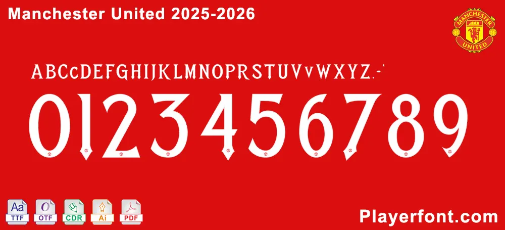 Official Manchester United 2025-2026 font with TTF, OTF, AI, CDR, PDF files on red background with club logo.