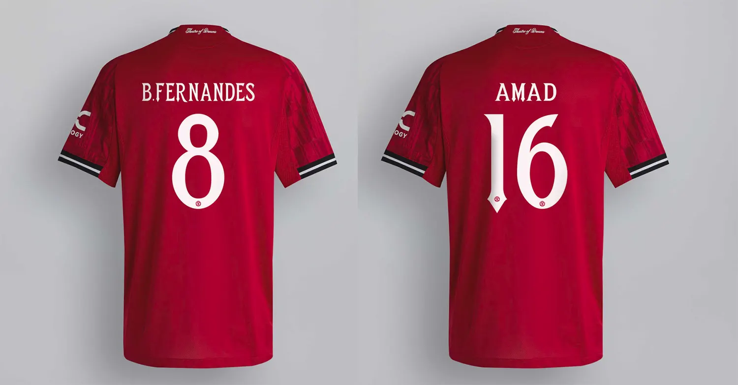 Two red soccer jerseys with white text: "B. FERNANDES 8" on the left, "AMAD 16" on the right, against a grey background.