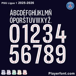 Full character and number set of the Paris Saint-Germain (PSG) Ligue 1 font for the 2025-2026 season, with available file format icons.