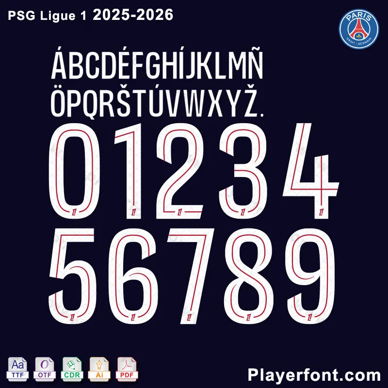 Full character and number set of the Paris Saint-Germain (PSG) Ligue 1 font for the 2025-2026 season, with available file format icons.