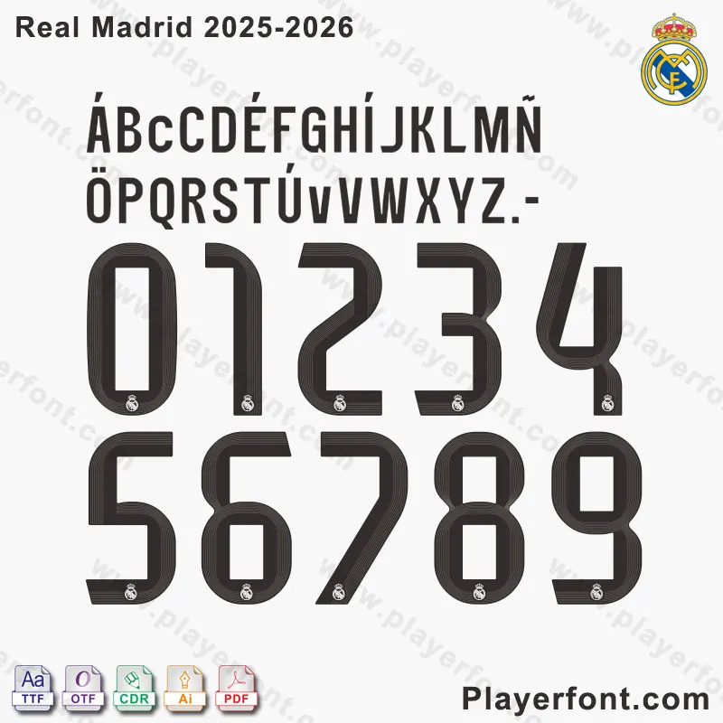 Real Madrid 2025-2026 font displayed on a custom jersey with player name and number.