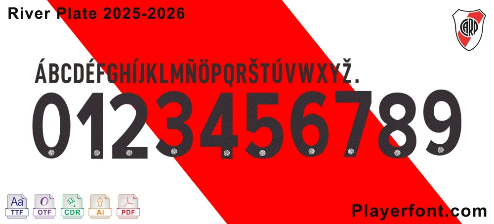 Official River Plate 2025-2026 font with A-Z, 0-9, TTF, OTF, AI, CDR, PDF files for jerseys and designs