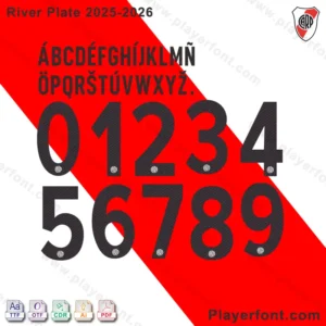 River Plate 2025-26 official font kit download preview showing all characters, numbers, and file formats.