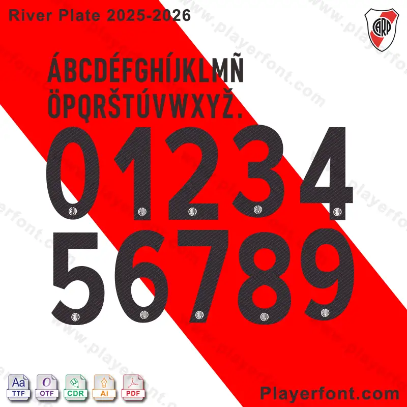 River Plate 2025-26 official font kit download preview showing all characters, numbers, and file formats.