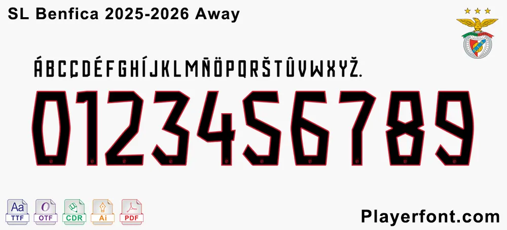 Full set of numbers 0-9 in the SL Benfica 2025-2026 away jersey font style.