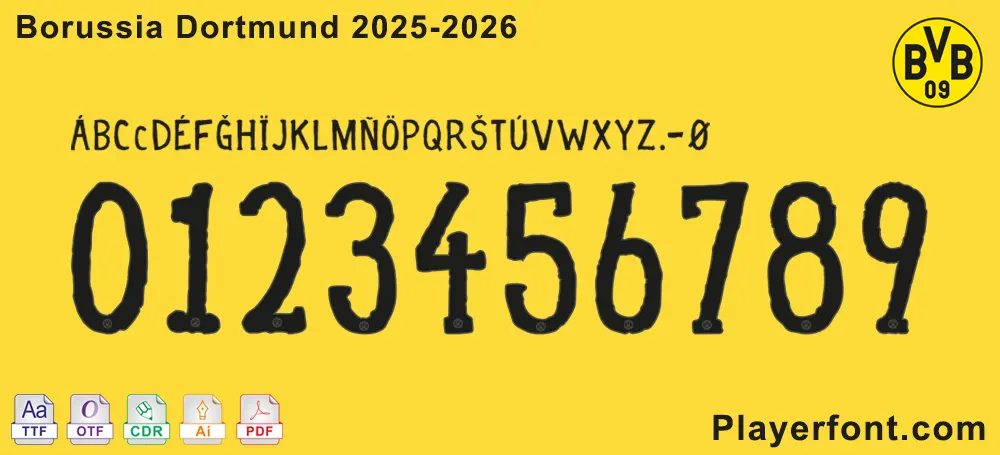 Borussia Dortmund 2025-2026 official font showing alphabet, numbers 0-9, and file types (TTF, OTF, CDR, AI, PDF).