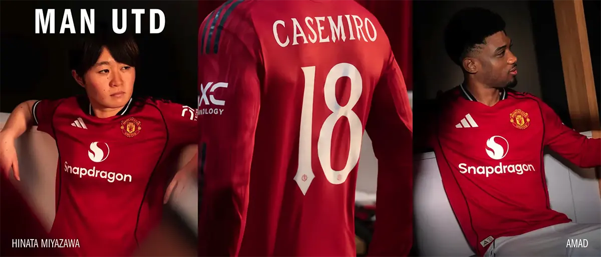 Three views of a red Manchester United jersey with "Casemiro 18" on the back, featuring Snapdragon logo.