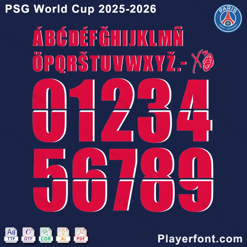 PSG World Cup 2025-26 font kit displaying uppercase letters, numbers 0-9, and file type icons.