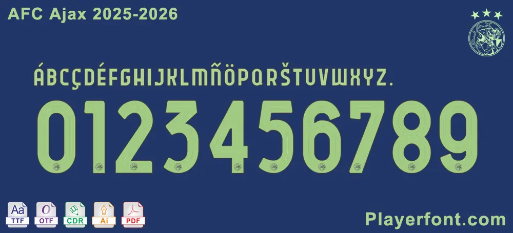 AFC Ajax 2025-2026 away font in light green, featuring alphabets and numbers on dark background.