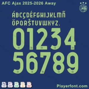 AFC Ajax 2025-2026 away font display in light green with alphabet, numbers, and file types.