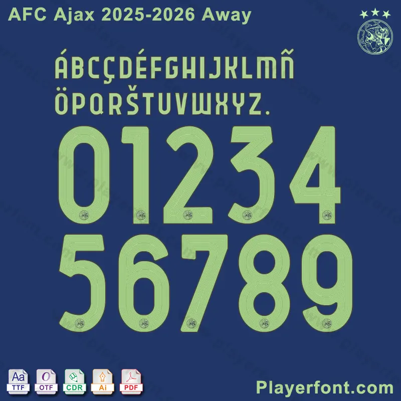 AFC Ajax 2025-2026 away font display in light green with alphabet, numbers, and file types.