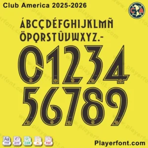 Club América 2025-2026 home jersey font numbers 0-9 and alphabet, black on yellow, with Club América logo.