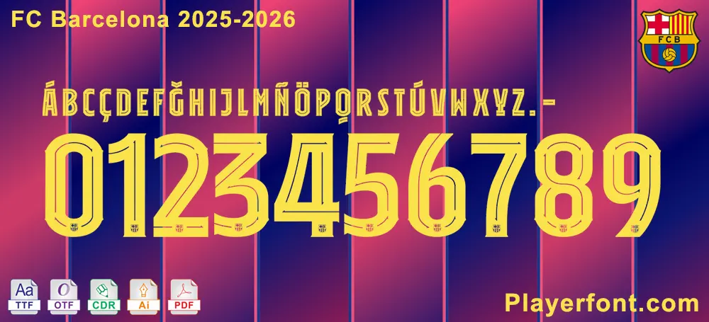 FC Barcelona 2025-26 font display in yellow with alphabet, numbers, and file types on a striped background.