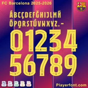 FC Barcelona 2025-2026 font with yellow characters, numbers 0-9, and uppercase letters on club colors.