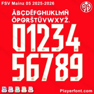 FSV Mainz 05 2025-2026 official font showing uppercase letters with umlauts and numbers 0-9.