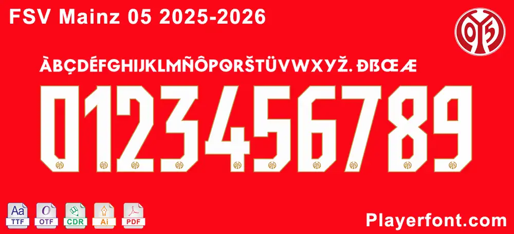 FSV Mainz 05 2025-2026 font vector download preview, showcasing letters and numbers.