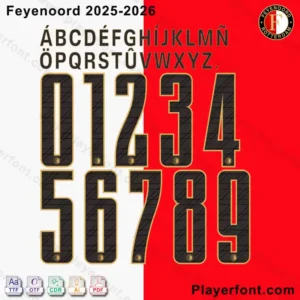 Feyenoord 2025-2026 official font showing alphabet and number samples, ready for download.