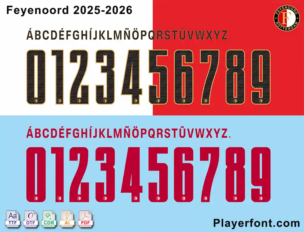 Feyenoord 2025-2026 font complete alphabet and numbers in black and red for download.