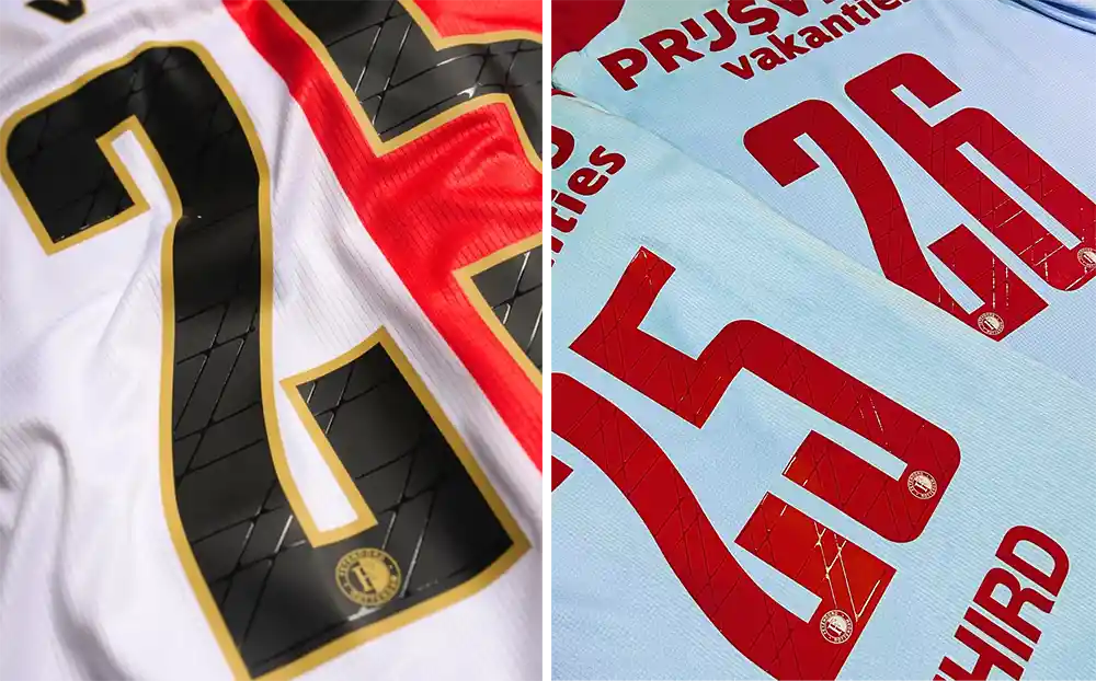 Close-up of Feyenoord 2025-2026 home and away kit numbers showing official font details.