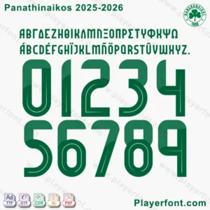 Panathinaikos 2025-2026 font set with numbers and alphabets on a textured background.