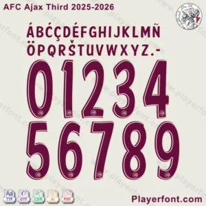 Download options for the AFC Ajax 2025-2026 third kit font, showing TTF, OTF, AI, CDR, and PDF icons.