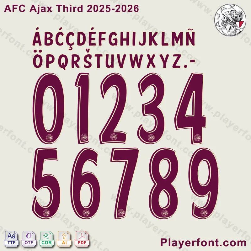 Download options for the AFC Ajax 2025-2026 third kit font, showing TTF, OTF, AI, CDR, and PDF icons.