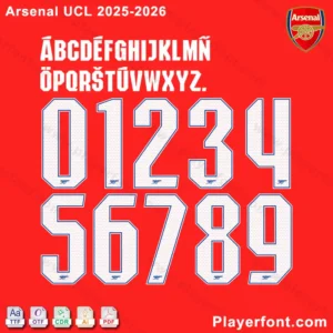 Close-up view of the Arsenal 2025-2026 UCL font for jerseys, with a focus on the numbers and characters, showing the quality.
