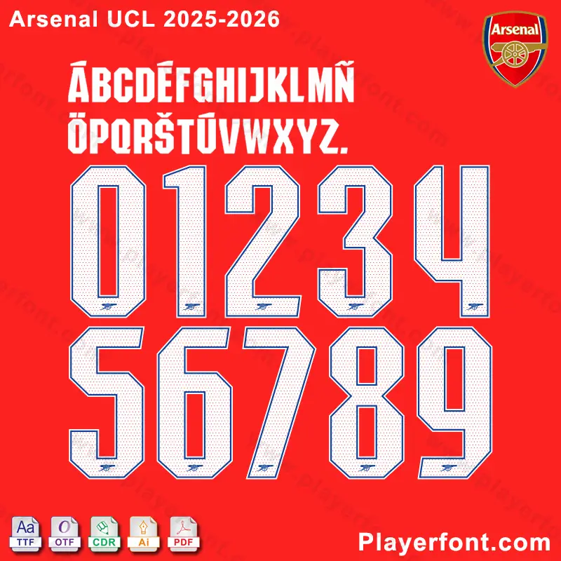 Close-up view of the Arsenal 2025-2026 UCL font for jerseys, with a focus on the numbers and characters, showing the quality.