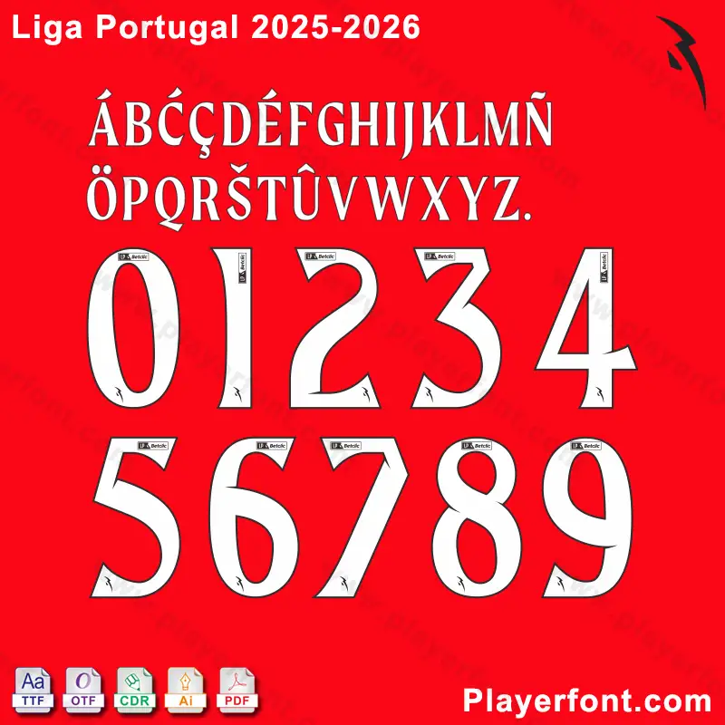Close-up view of the Liga Portugal 2025/2026 white jersey font showing the unique design details on numbers and letters.
