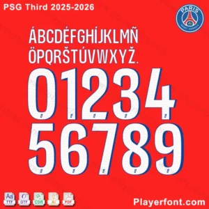 Close-up preview of the modern PSG Third Kit 2025-2026 custom font for designers and fans.