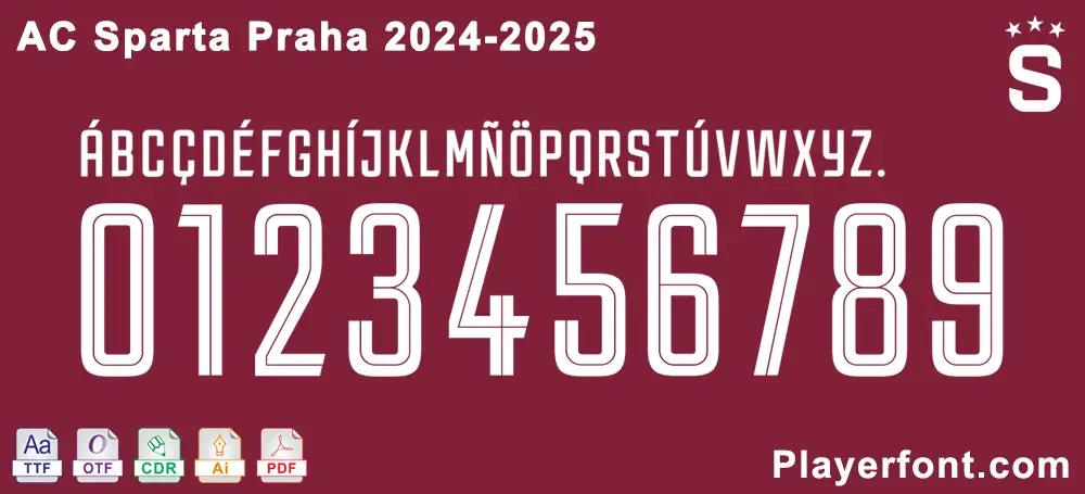AC Sparta Praha 2024-2025 font showing all letters and numbers, with TTF, OTF, AI, CDR, PDF download options.