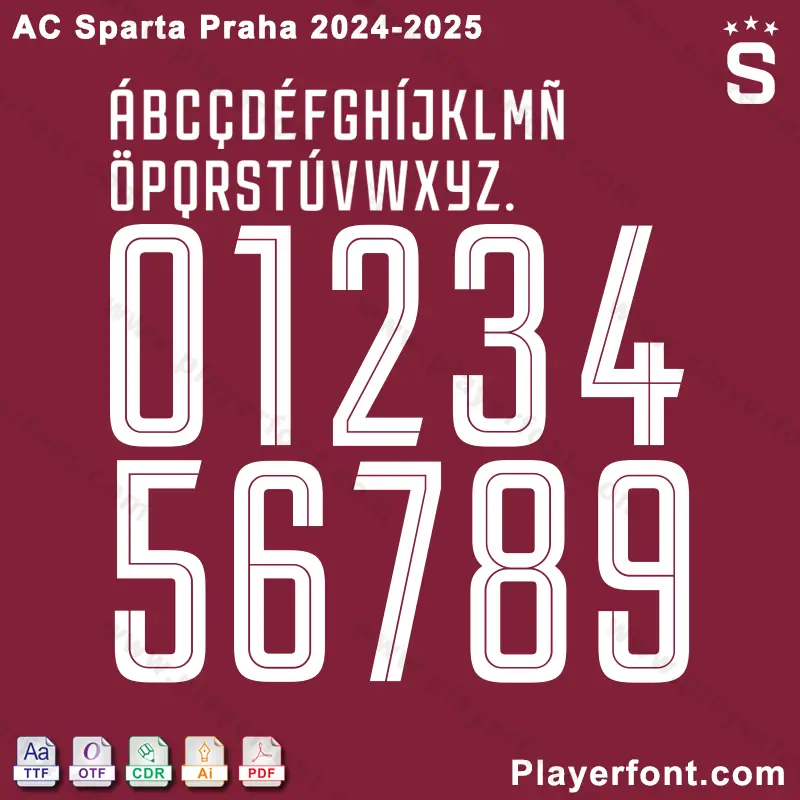 AC Sparta Praha 2024-2025 player font with a close-up on the large numbers and special Czech characters.
