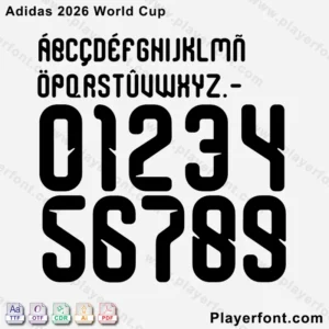 Adidas 2026 World Cup font showing letters, and numbers 0-9 broken into two rows with file format icons below.