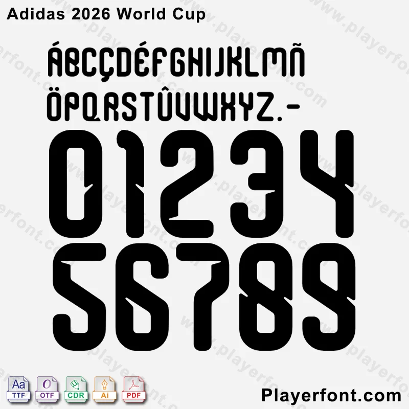 Adidas 2026 World Cup font showing letters, and numbers 0-9 broken into two rows with file format icons below.