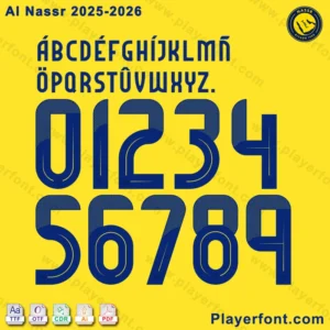 Al Nassr 2025-2026 official font preview showing complete alphabet A-Z and numbers 0-9 in clean layout.